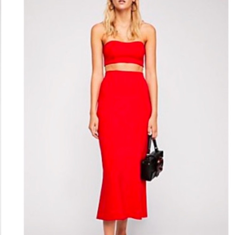 Like New Free People Two Piece Midi Skirt and Bra / Tube Top Dress Set in Red